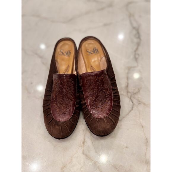Sofft Comfort Shoes Sz 6.5 Brown Suede Burgundy Paisley Camille Leather Mules - Picture 3 of 9